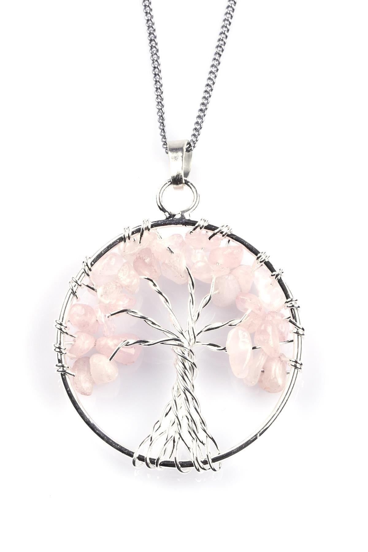Pembe Kuvars Doğal Taş Hayat Ağacı Tel Sarmalı Kolye