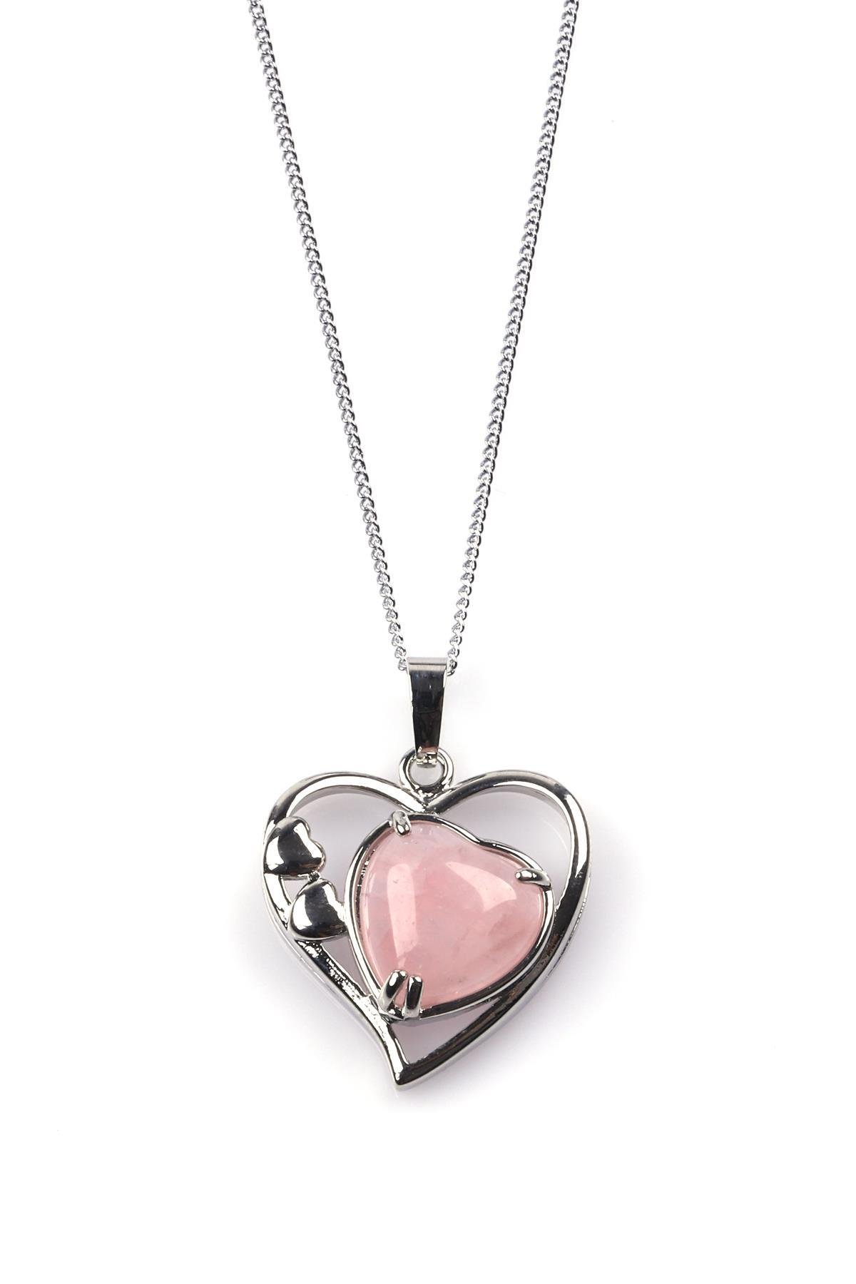 Pembe Kuvars Doğal Taş Kalp Model Kolye 