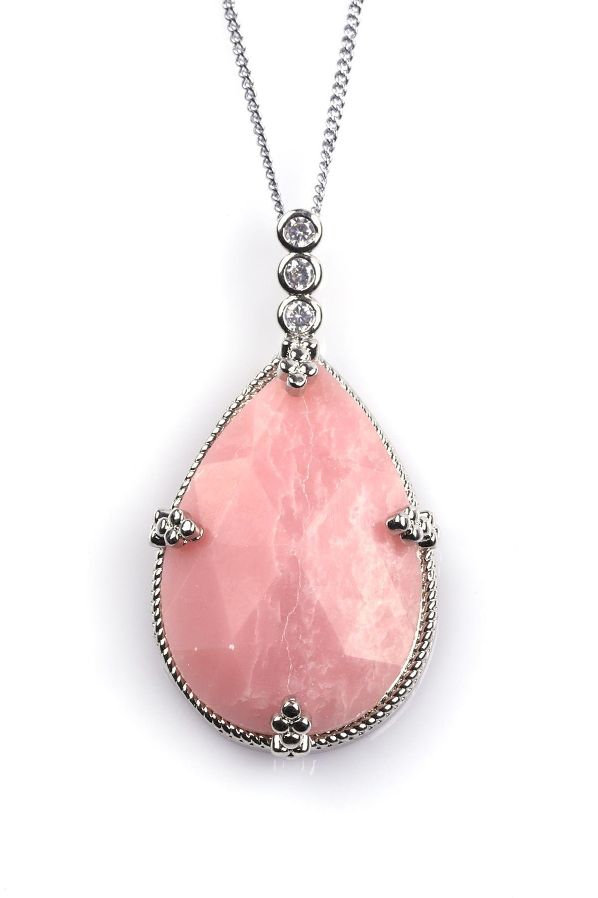 Pembe Kuvars Doğal Taş Kolye 