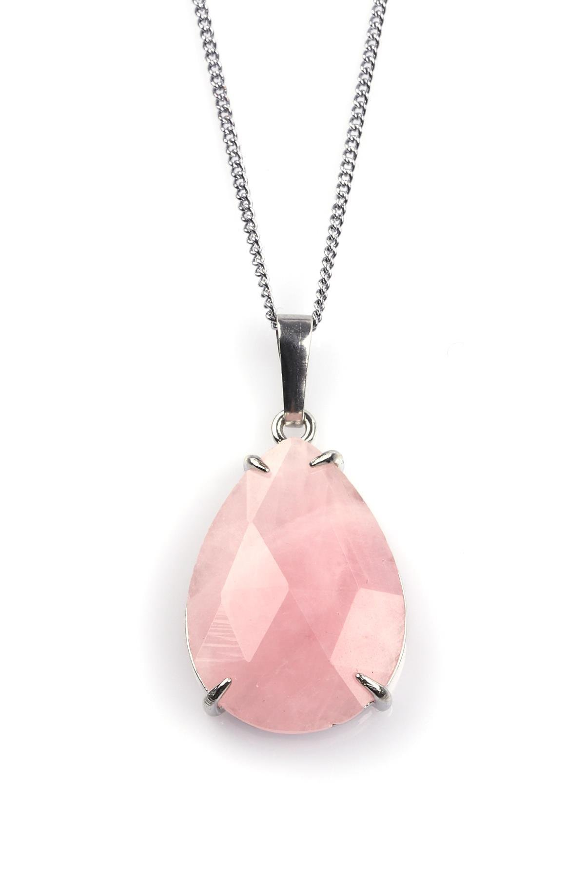 Pembe Kuvars Doğal Taş Kolye