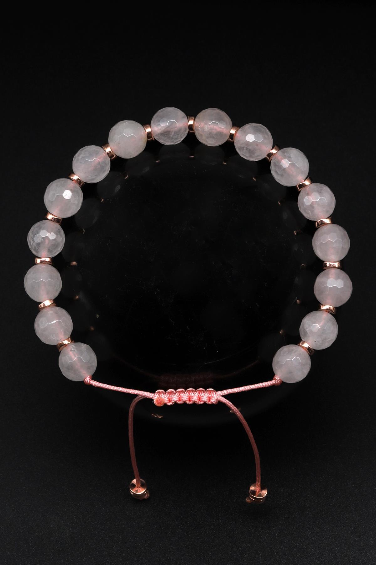 Pembe Kuvars Doğal Taş Makrome Örme Bileklik Fasetli Kesim