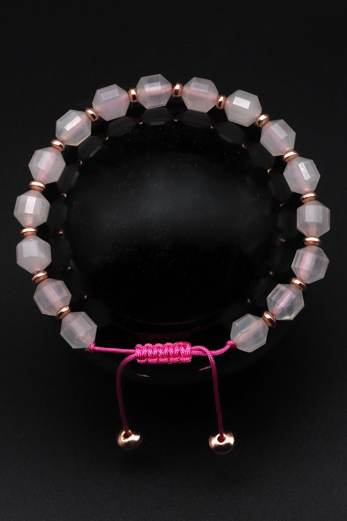 Pembe Kuvars Doğal Taş Makrome Örme Bileklik Hexagonal Kesim