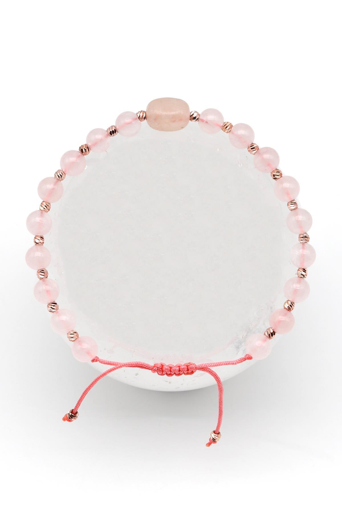 Pembe Kuvars Doğal Taş Makrome Örme Bileklik Küre Kesim