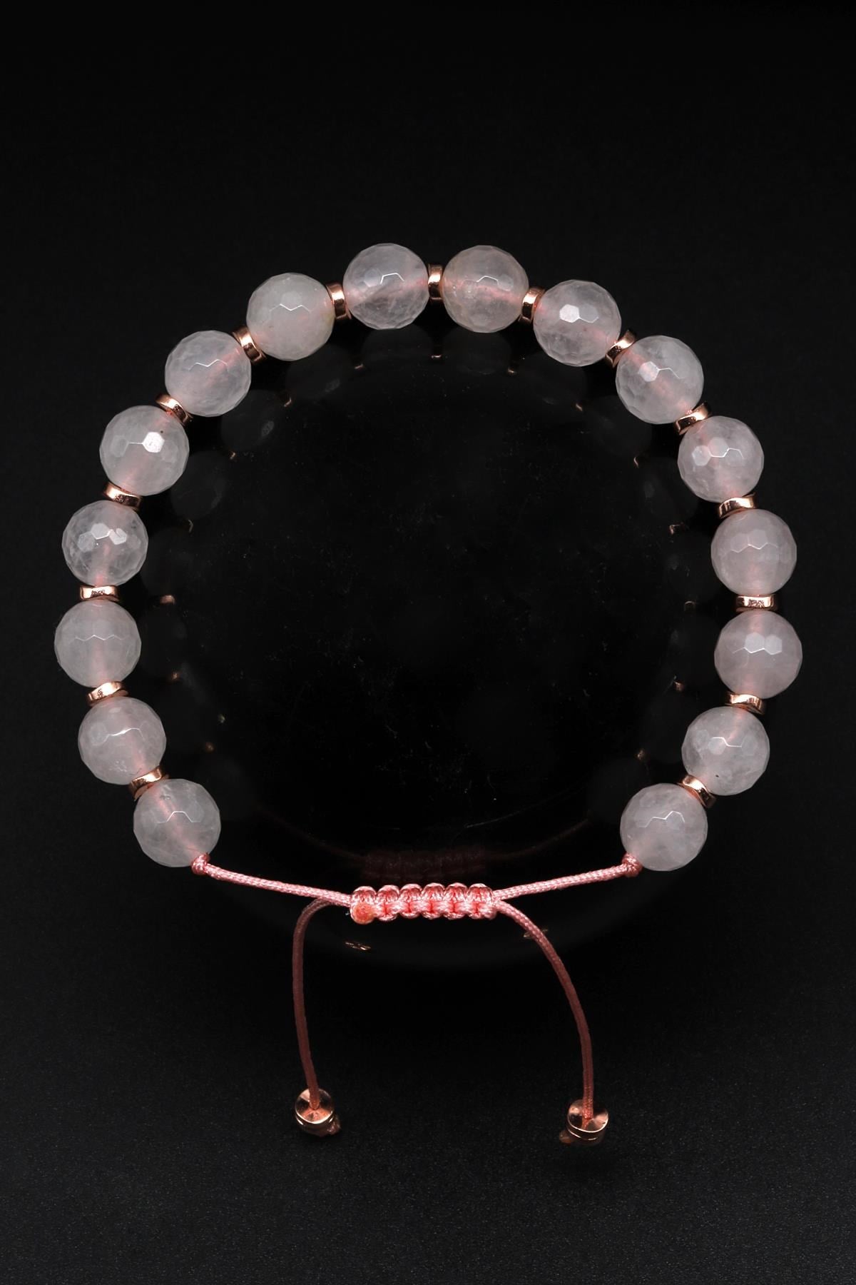 Pembe Kuvars Doğal Taş Makrome Örme Bileklik Fasetli Kesim