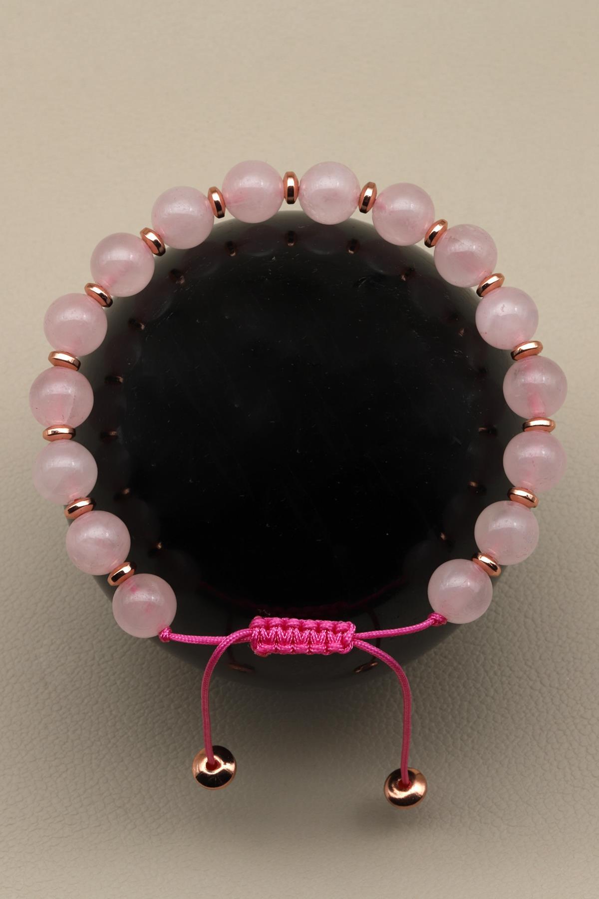 Pembe Kuvars Doğal Taş Makrome Örme Bileklik