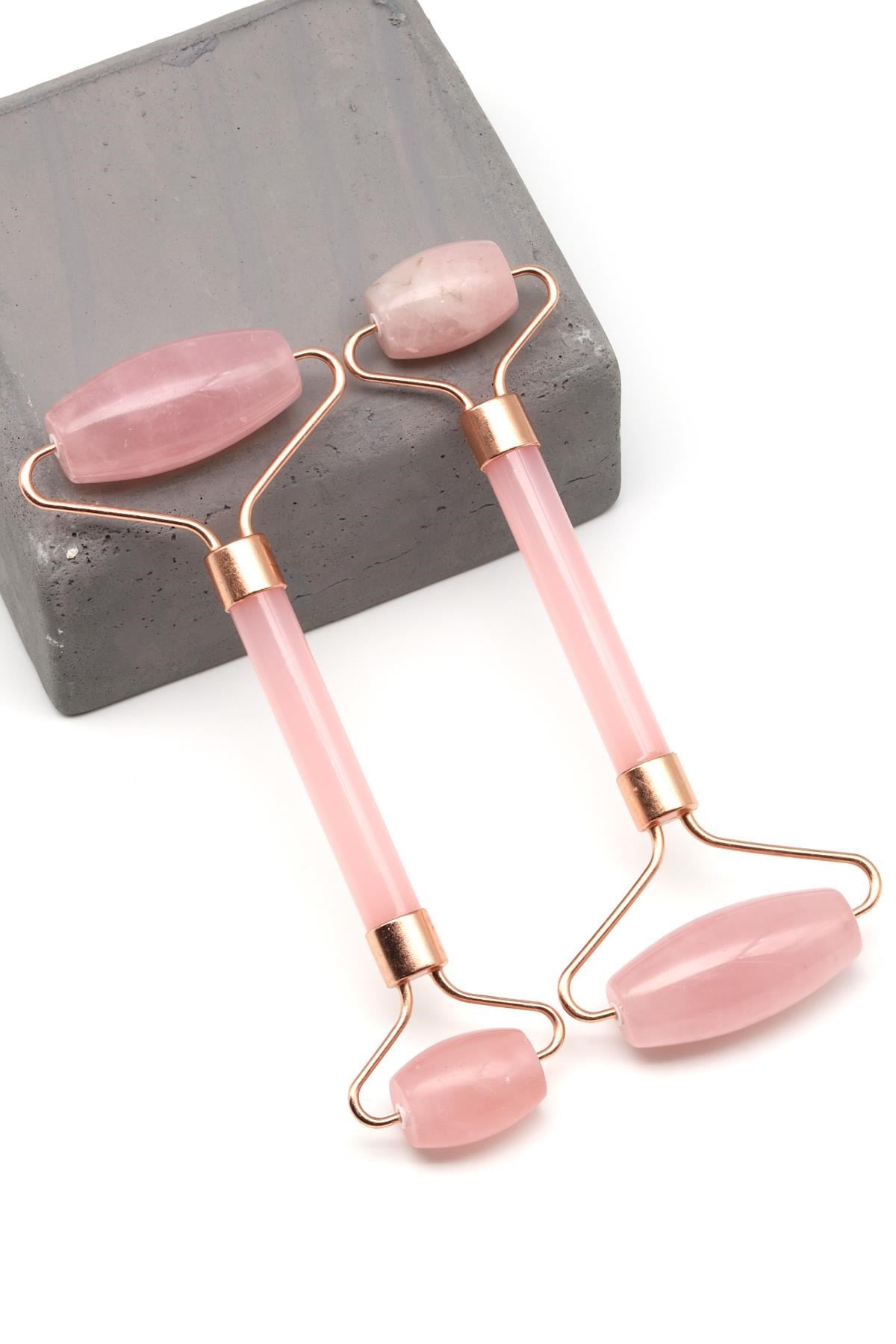 Pembe Kuvars Doğal Taş Masaj Taşı Rose Renkli - Face Roller