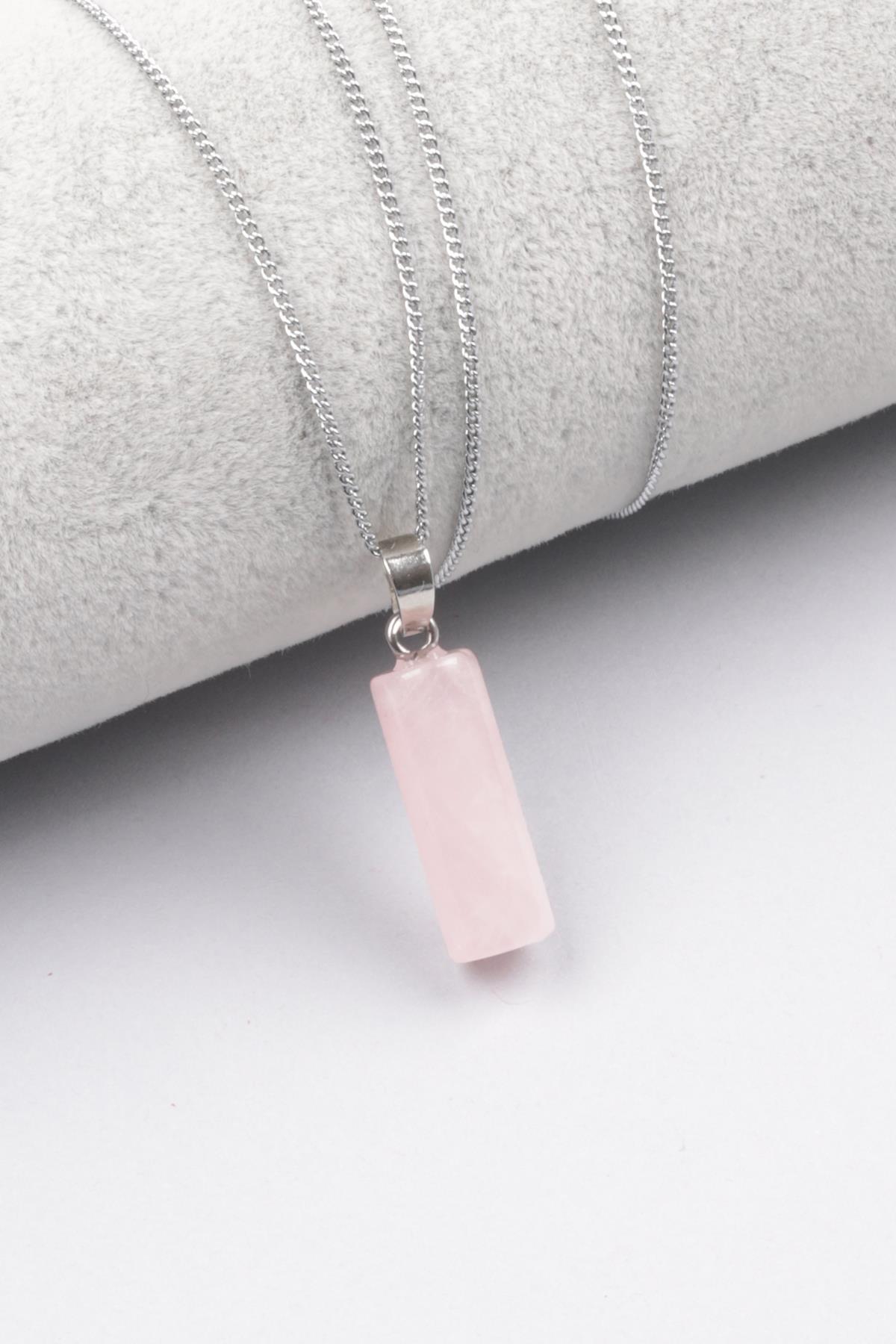 Pembe Kuvars Doğal Taş Silindir Kesim Kolye