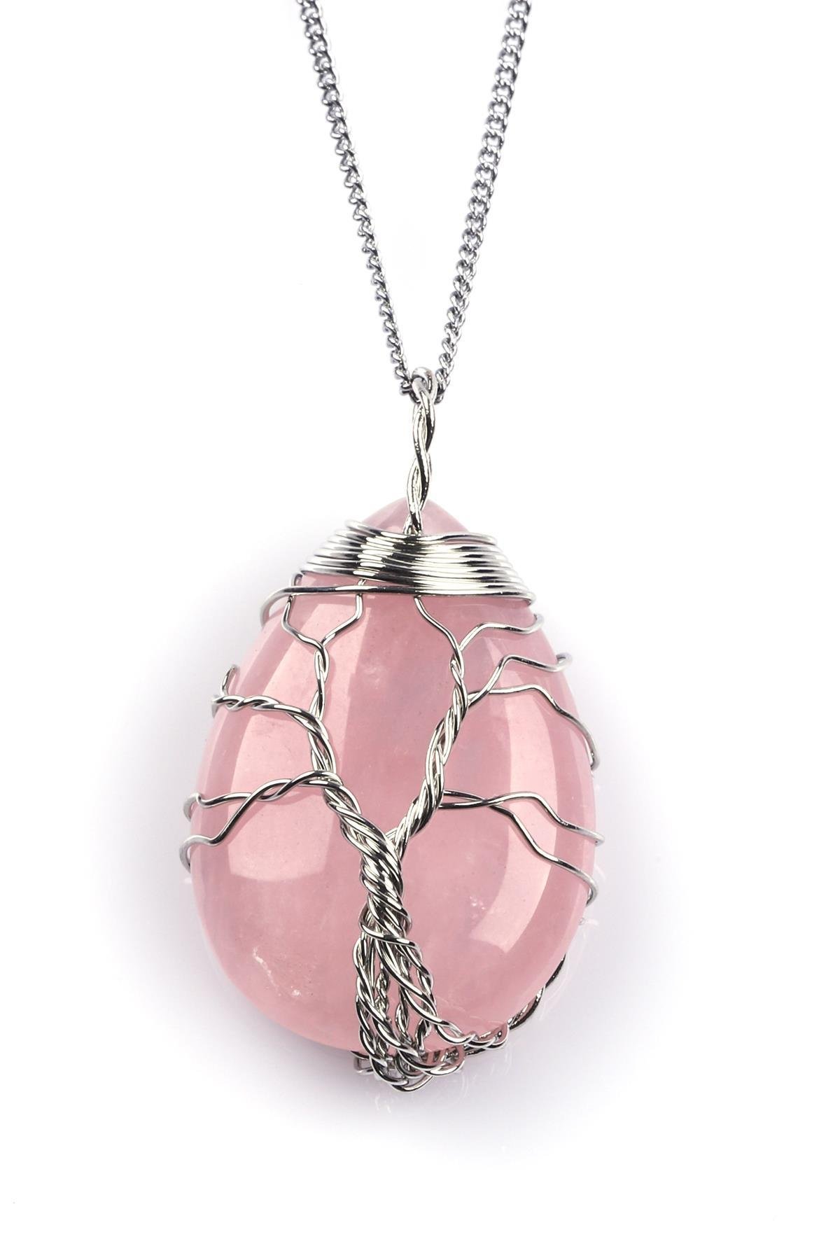 Pembe Kuvars Doğal Taş Tel Sarmalı Kolye