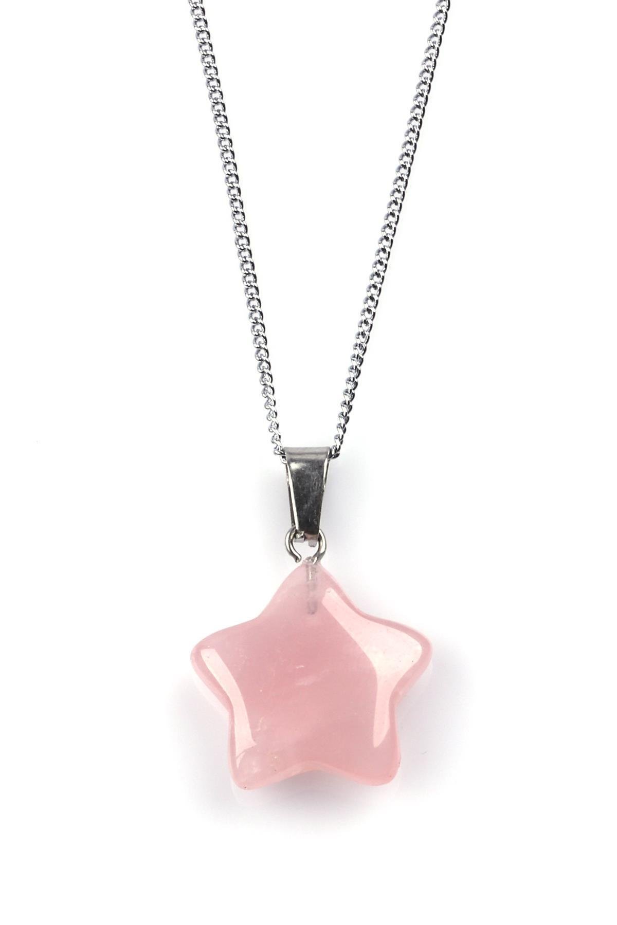 Pembe Kuvars Doğal Taş Yıldız Model Kolye