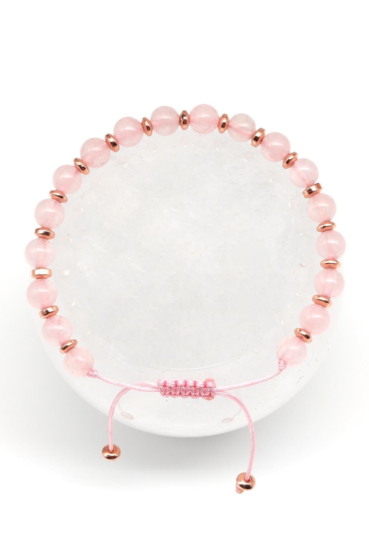 Pembe Kuvars - Hematit Doğal Taş Makrome Örme Bileklik Küre Kesim