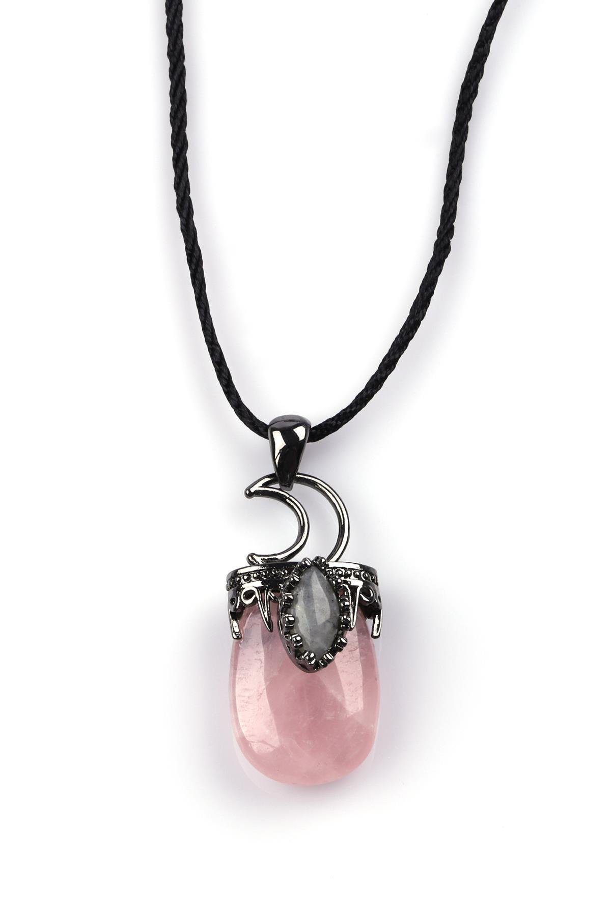 Pembe Kuvars - Labradorit Doğal Taş Siyah İpli Kolye