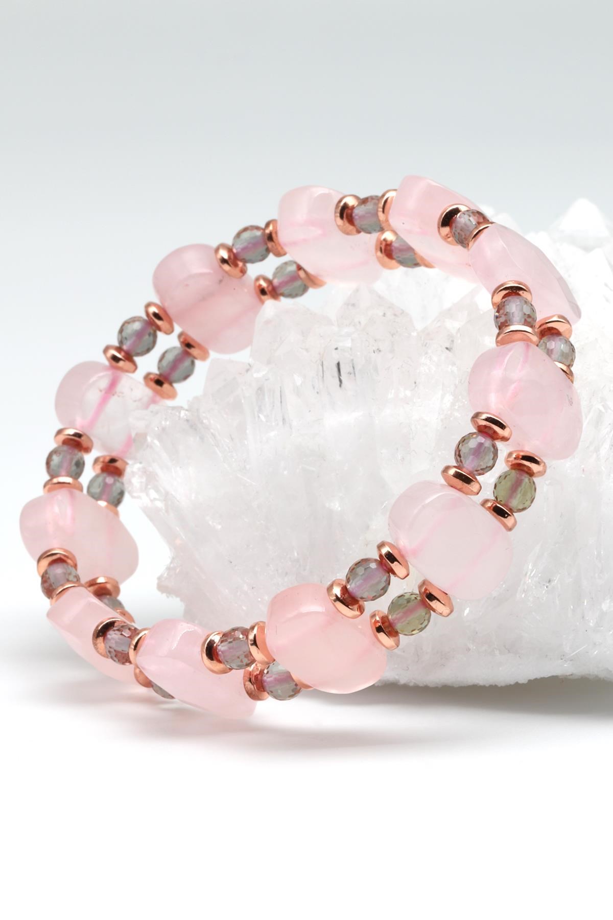 Pembe Kuvars - Zultanit -  Hematit Doğal Taş Tasarım Bileklik