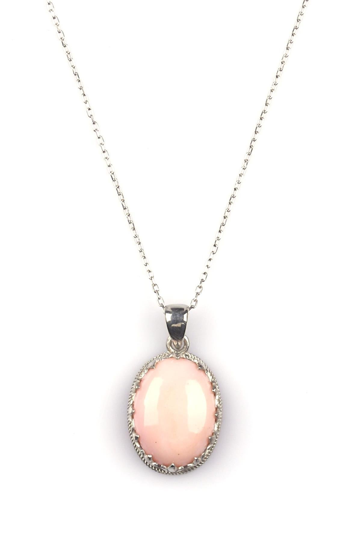Pembe Opal Doğal Taş 925 Ayar Gümüş Kolye