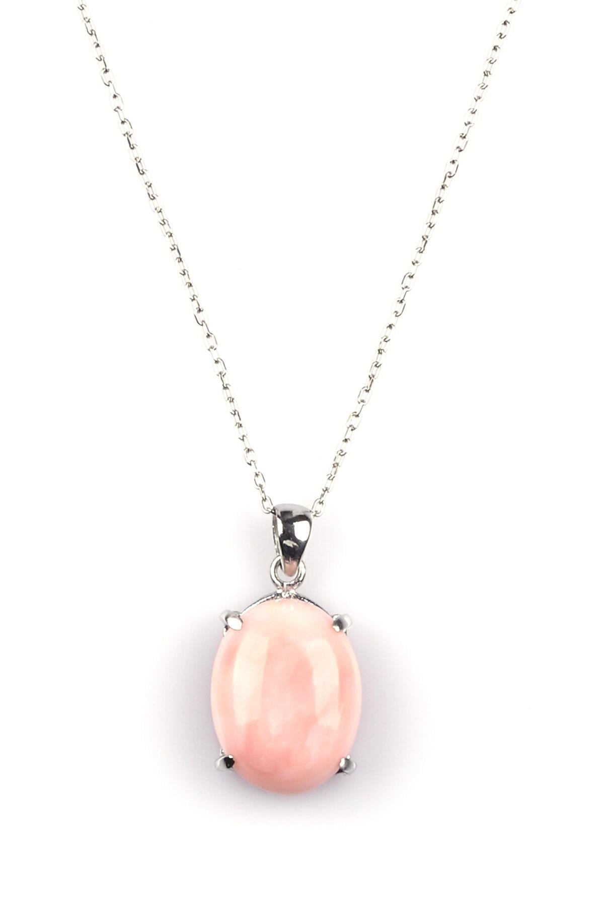 Pembe Opal Doğal Taş 925 Ayar Gümüş Kolye