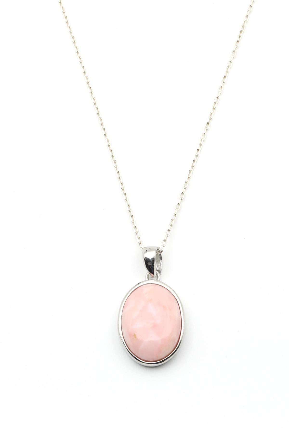 Pembe Opal Doğal Taş 925 Ayar Gümüş Kolye