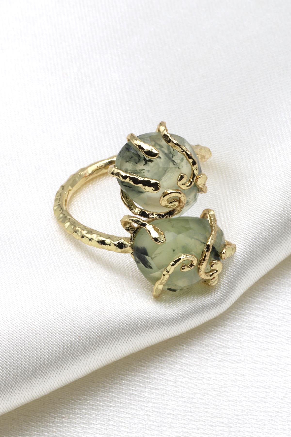 Prehnite Doğal Taş Ayarlanabilir Gold Renk Yüzük