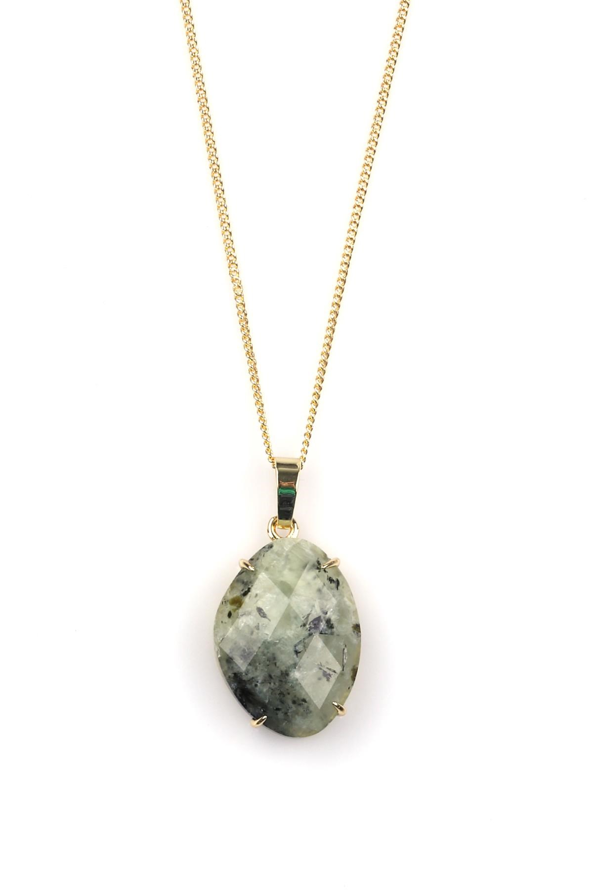 Prehnite Doğal Taş Gold Renkli Kolye
