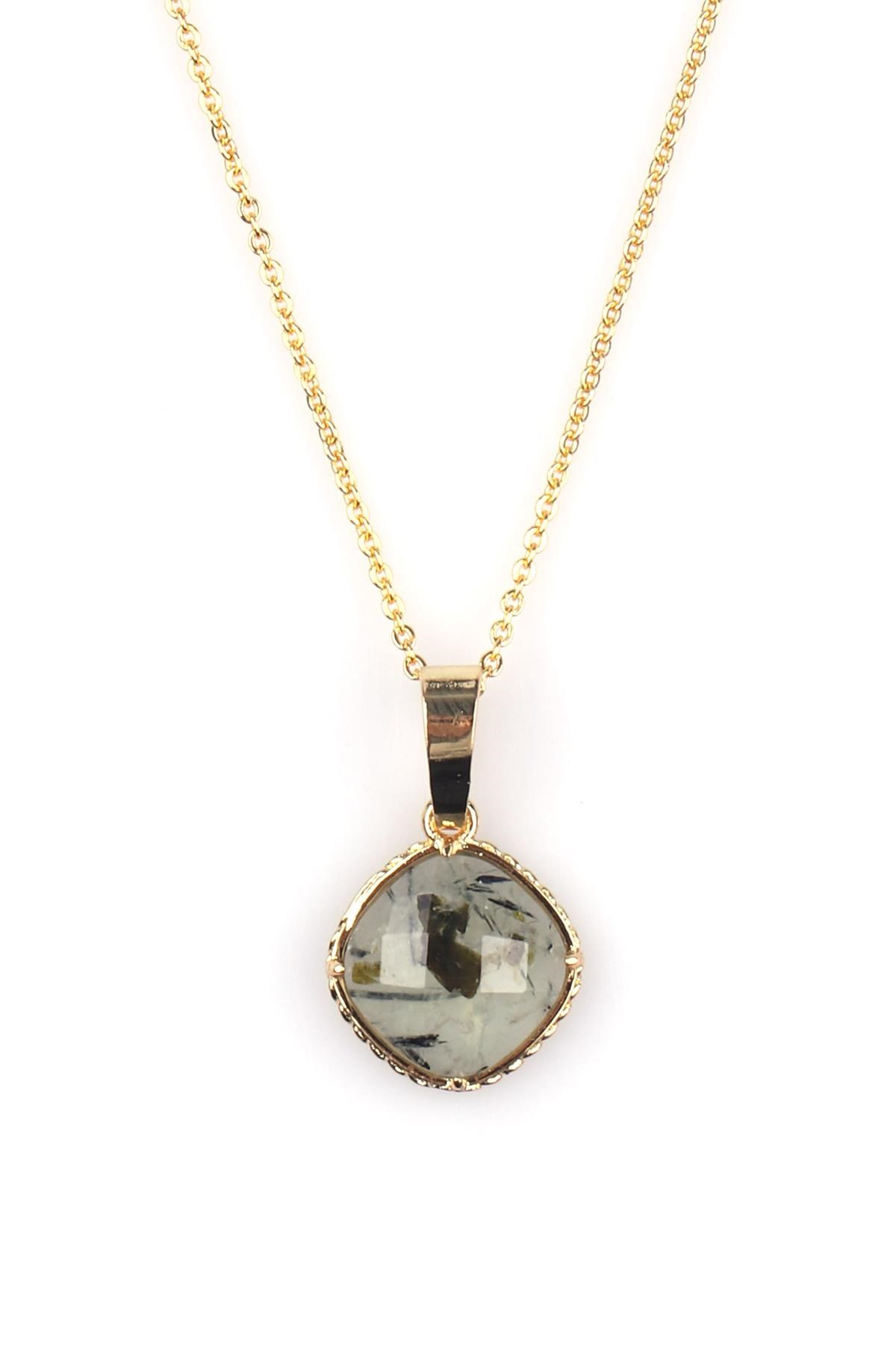 Prehnite Doğal Taş Gold Renkli Kolye
