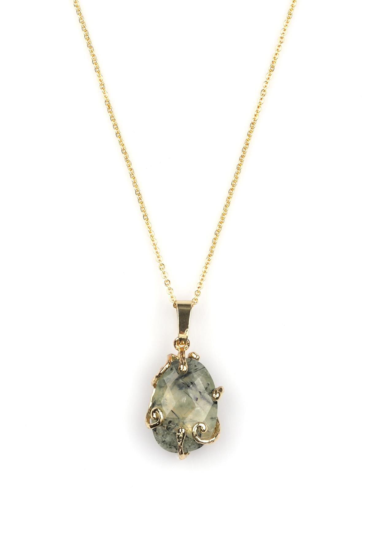 Prehnite Doğal Taş Gold Renkli Kolye