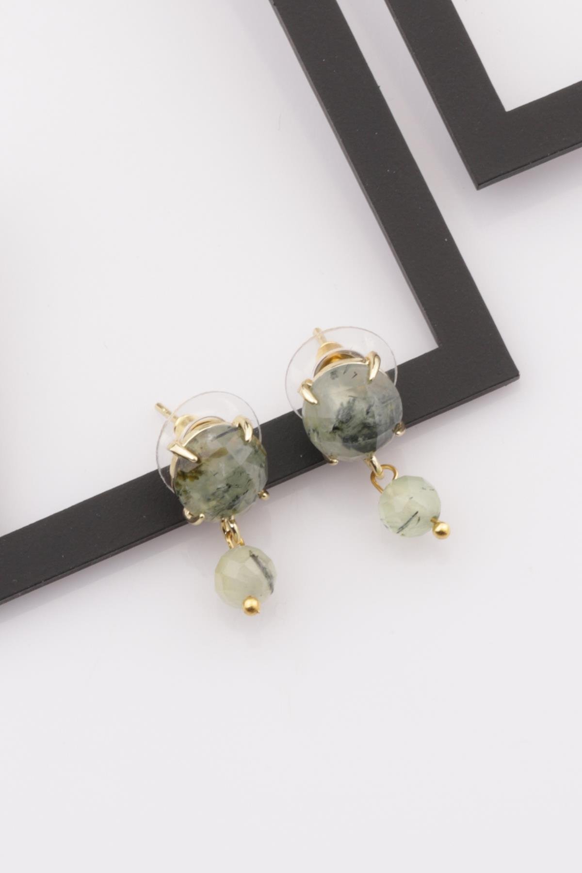 Prehnite Doğal Taş Gold Renkli Küpe