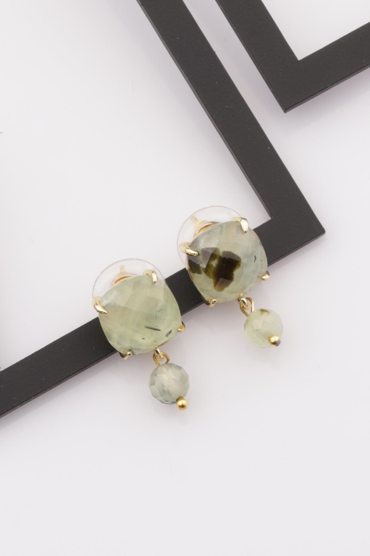Prehnite Doğal Taş Gold Renkli Küpe