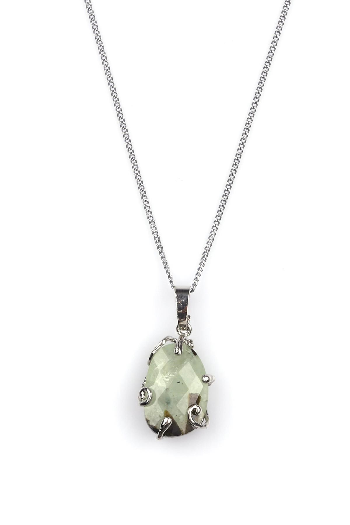 Prehnite Doğal Taş Gümüş Renkli Kolye