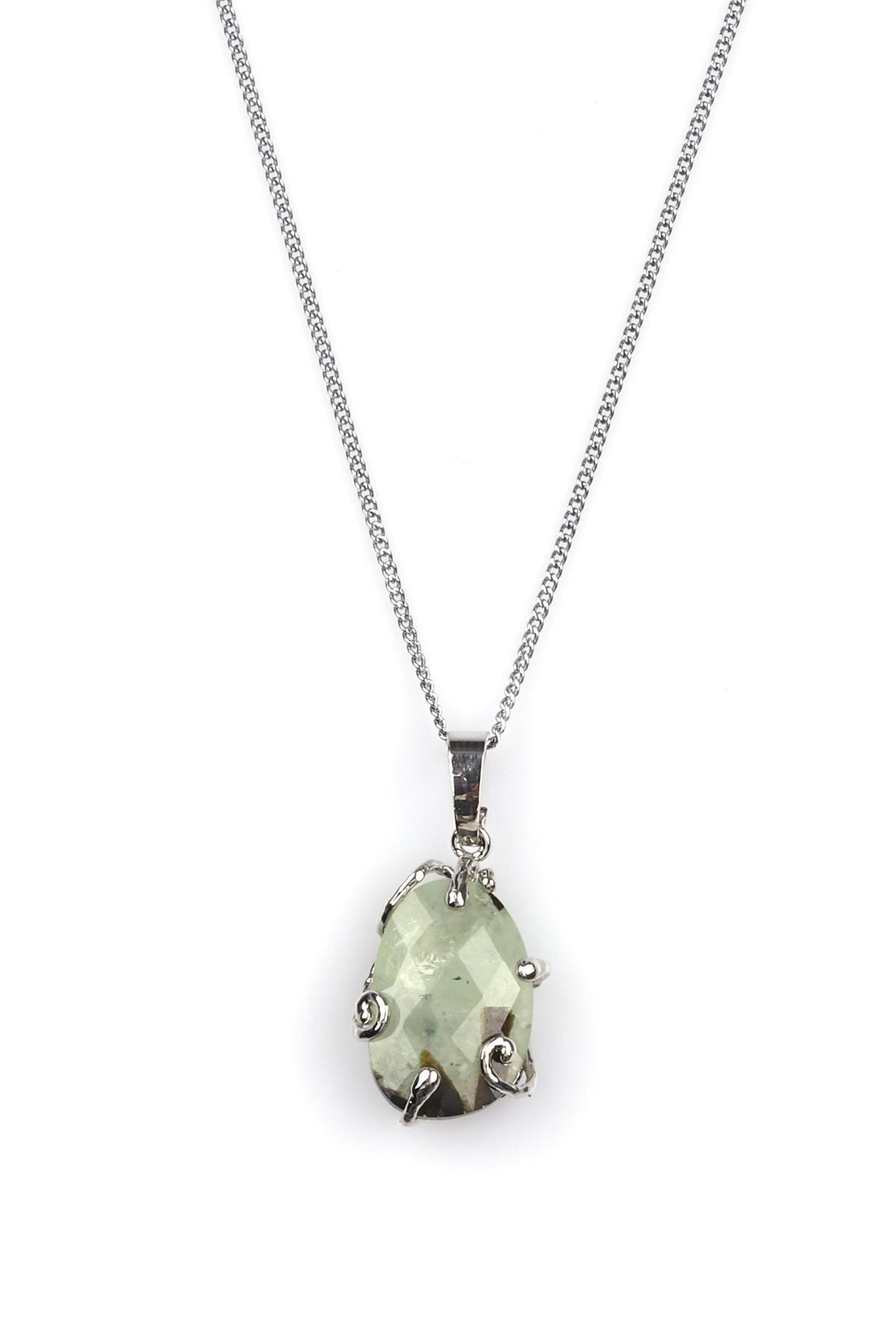 Prehnite Doğal Taş Gümüş Renkli Kolye