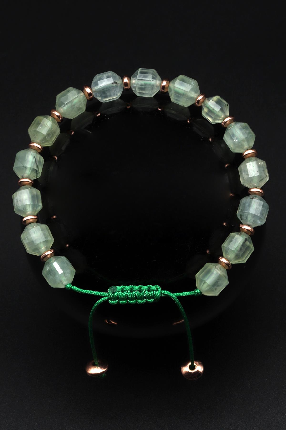 Prehnite Doğal Taş Makrome Örme Bileklik Hexagonal Kesim