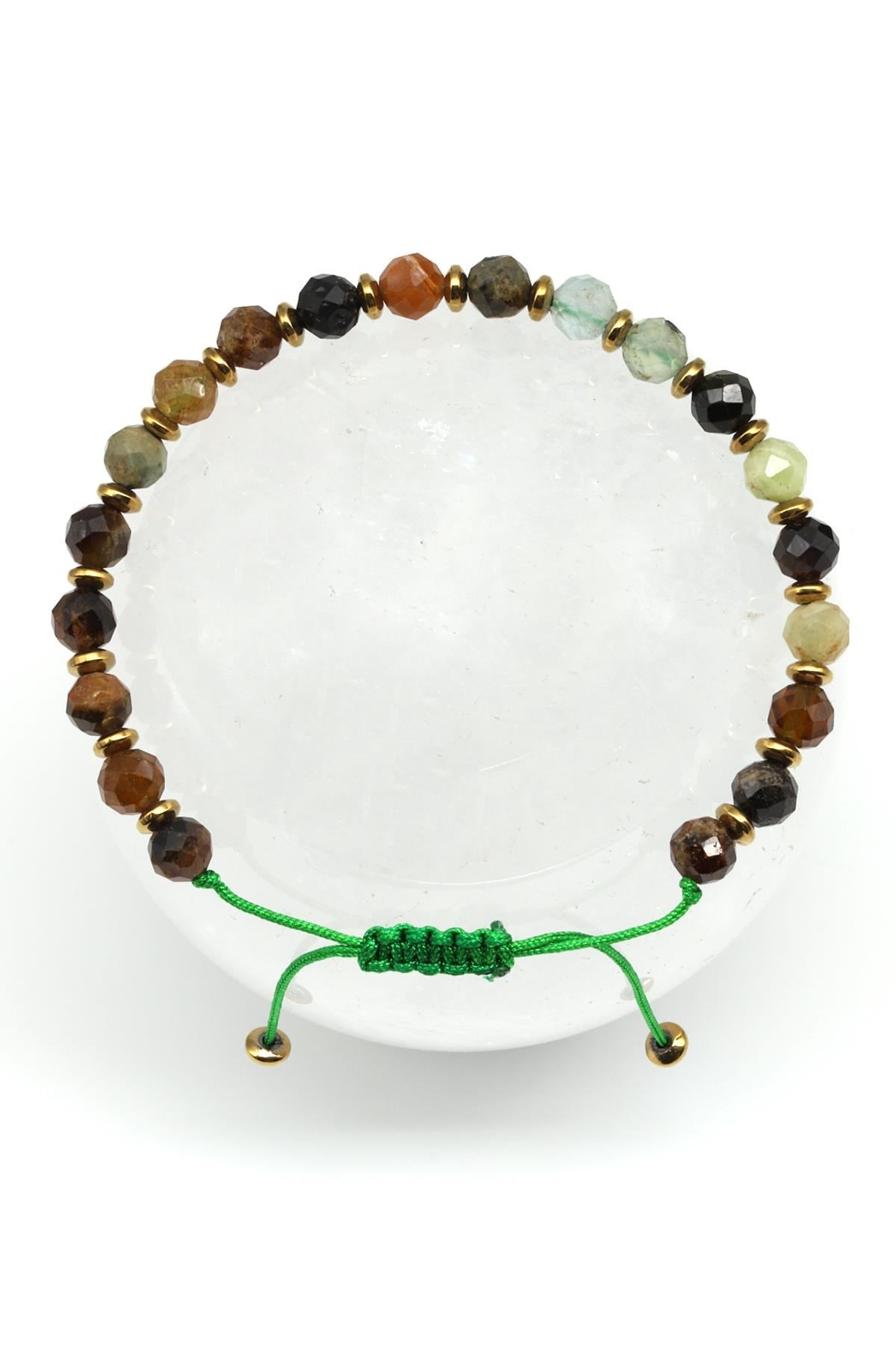 Prehnite - Yeşil Garnet Doğal Taş Makrome Örme Bileklik Fasetli Küre Kesim