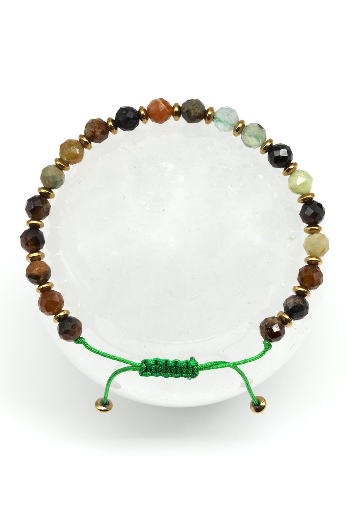 Prehnite - Yeşil Garnet Doğal Taş Makrome Örme Bileklik Fasetli Küre Kesim