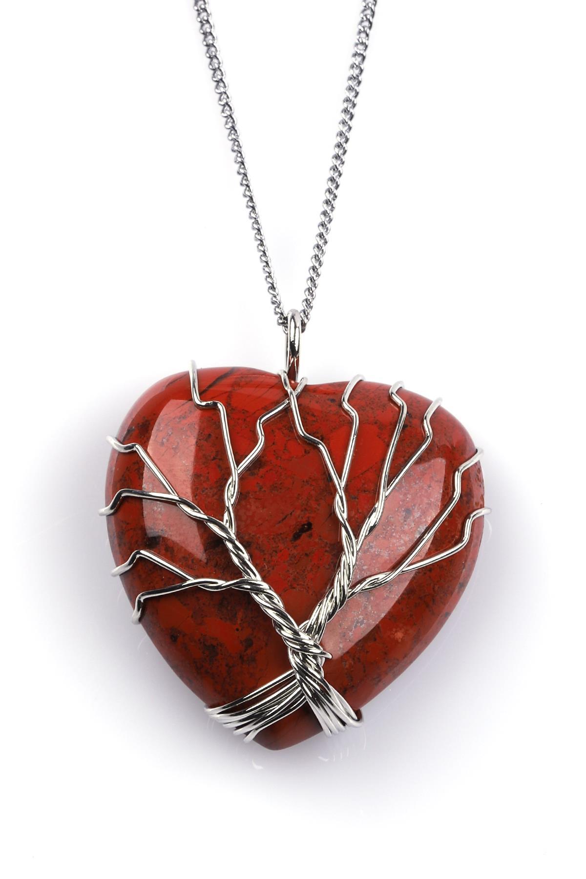 Red Jasper Doğal Taş Kalp Model Tel Sarmalı Kolye