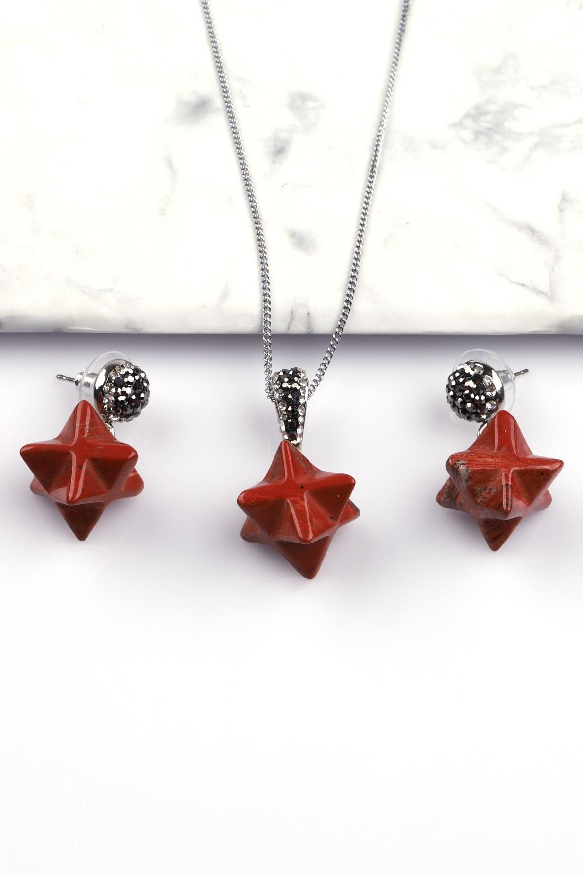 Red Jasper Doğal Taş Merkaba Kolye - Küpe 2'li Set