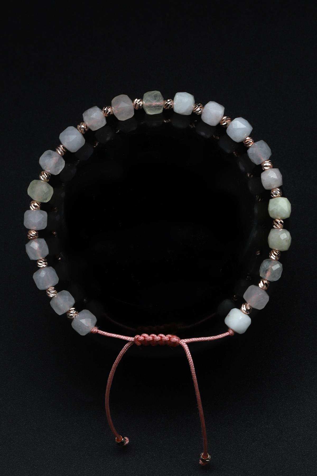 Renkli Kuvars Doğal Taş Makrome Örme Bileklik Küp Kesim