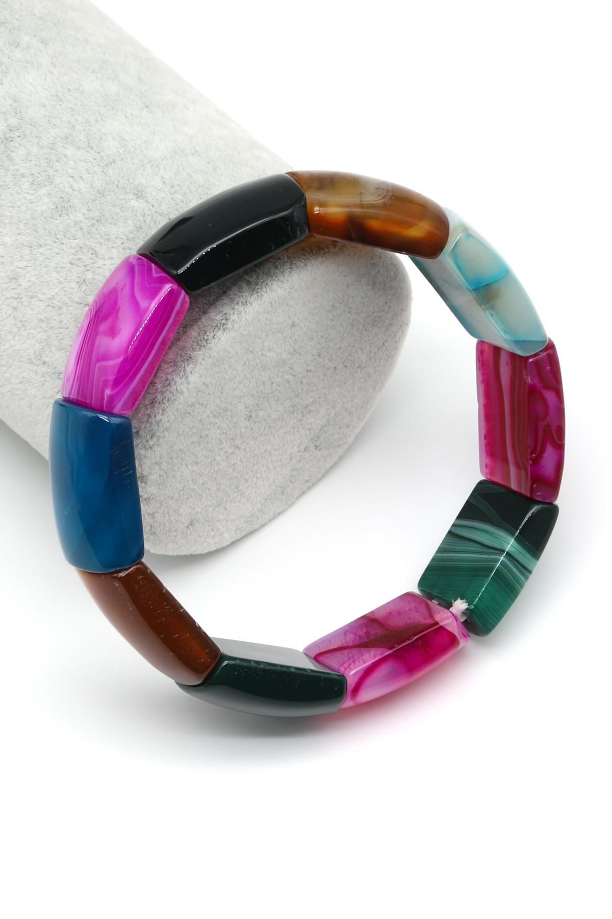 Renkli Madagaskar Akik Doğal Taş Bileklik 15 x 20 mm Özel Kesim