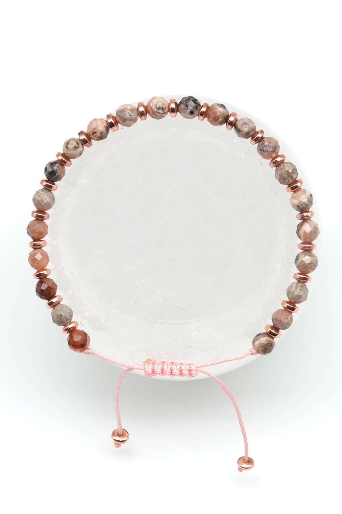 Rodokrozit Doğal Taş Makrome Örme Bileklik Fasetli Küre Kesim