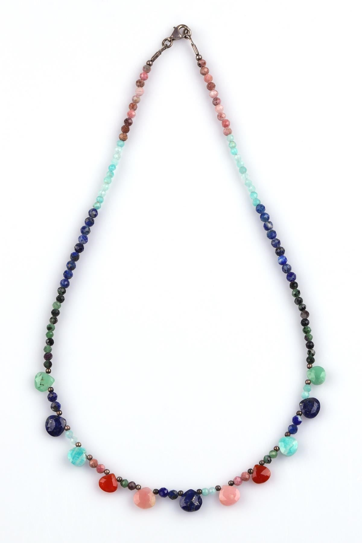 Rodonit - Amazonit - Lapis Lazuli - Anyolit - Akik - Yeşil Kuvars Doğal Taş Tasarım Kolye