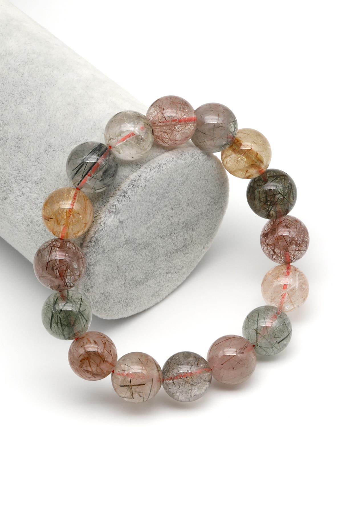 Rutil Kuvars Doğal Taş Bileklik 13 mm Küre Kesim