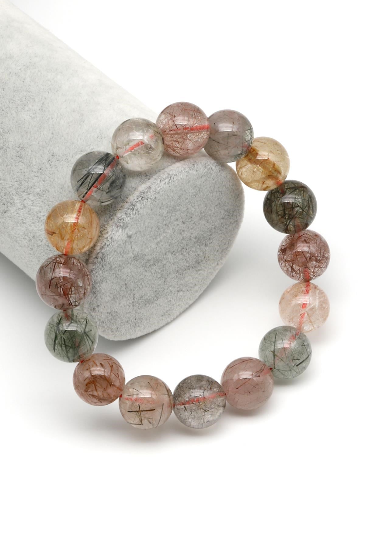 Rutil Kuvars Doğal Taş Bileklik 13 mm Küre Kesim