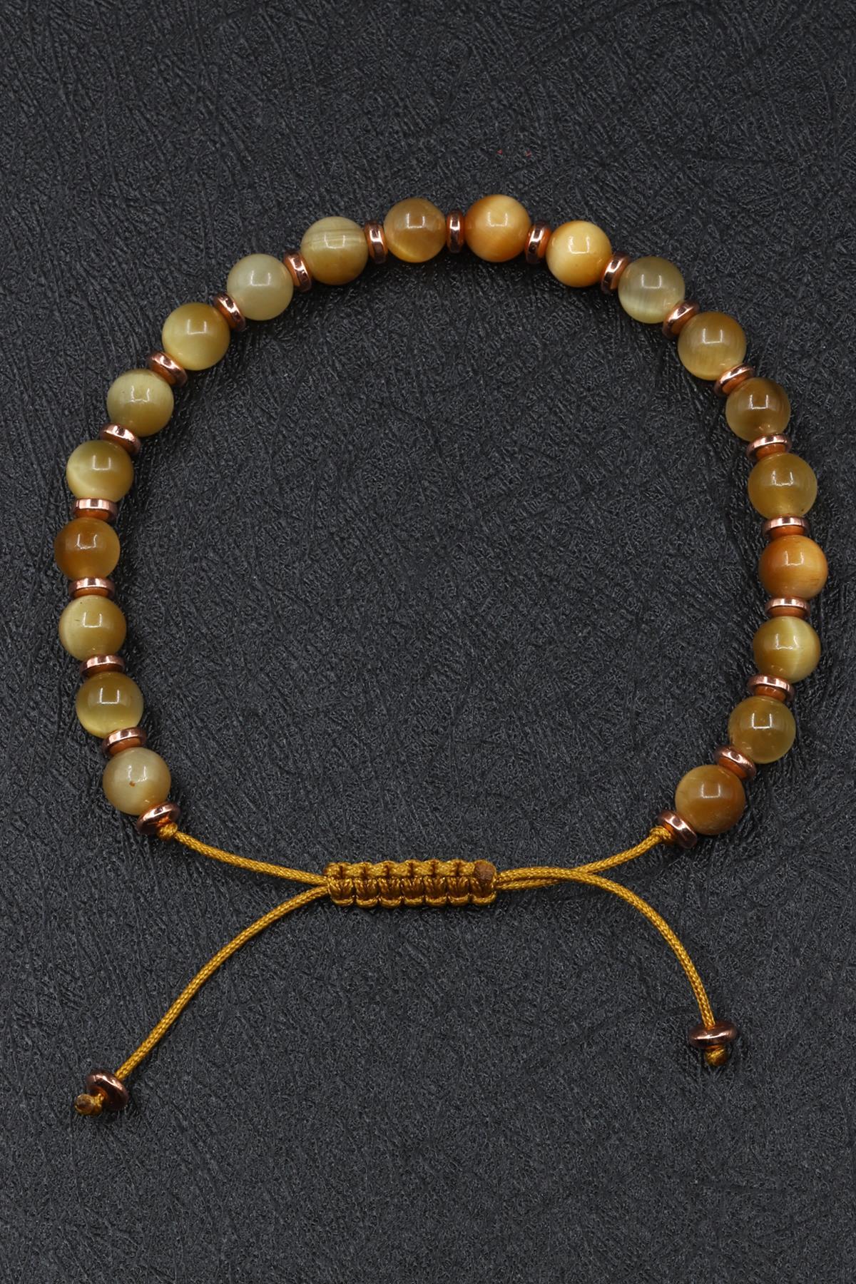 Sarı Kaplan Gözü Doğal Taş Makrome Örme Bileklik