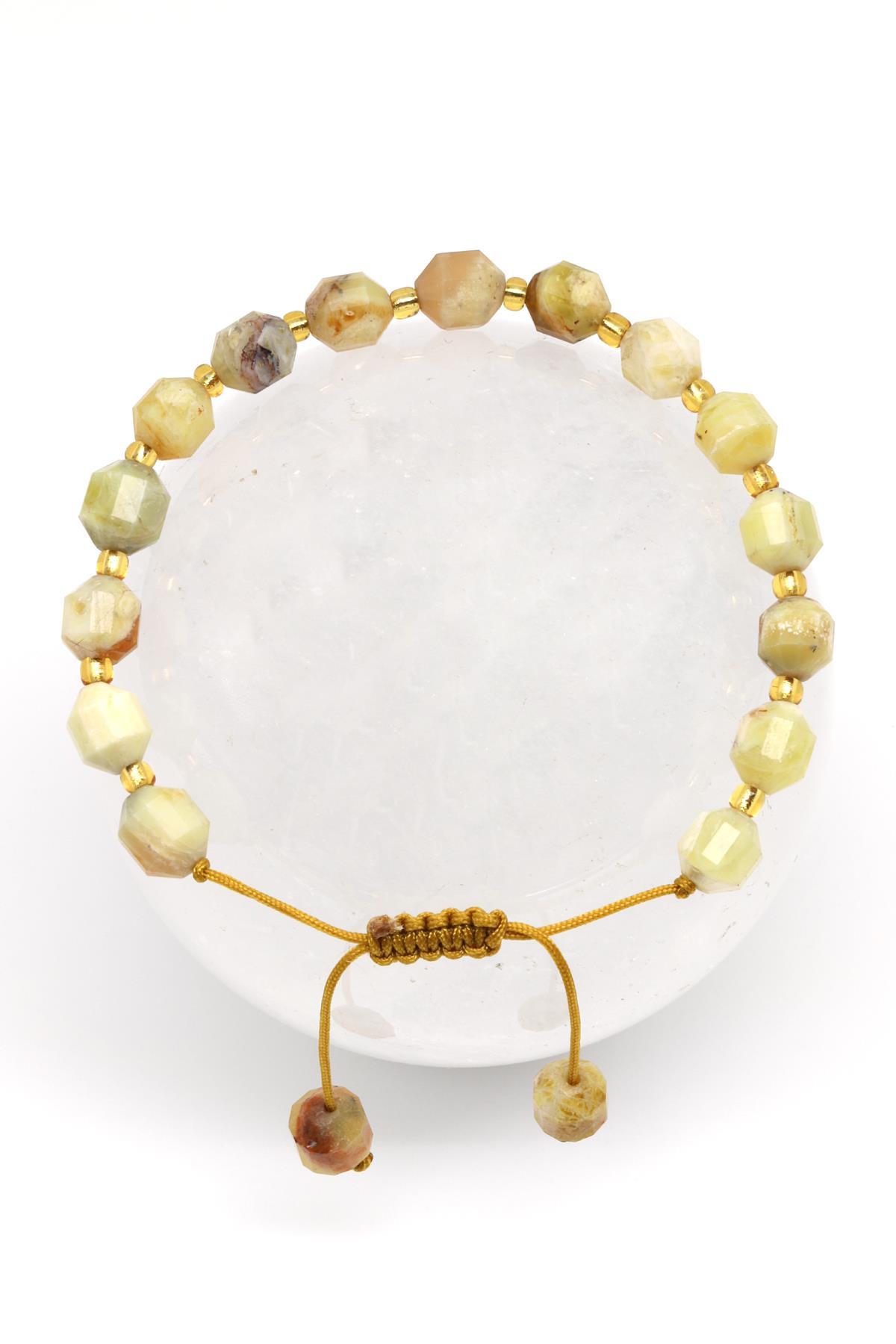 Sarı Opal Doğal Taş Makrome Örme Bileklik Hexagonel Kesim