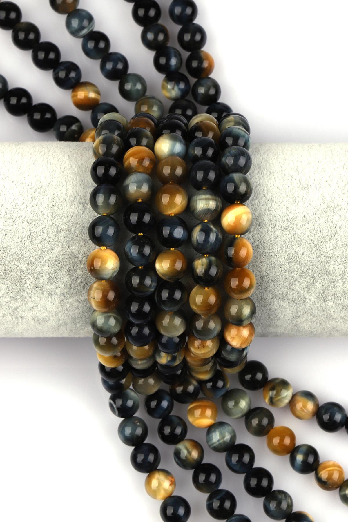 Sarı - Siyah Kaplan Gözü Doğal Taş Dizi 8 mm Küre Kesim