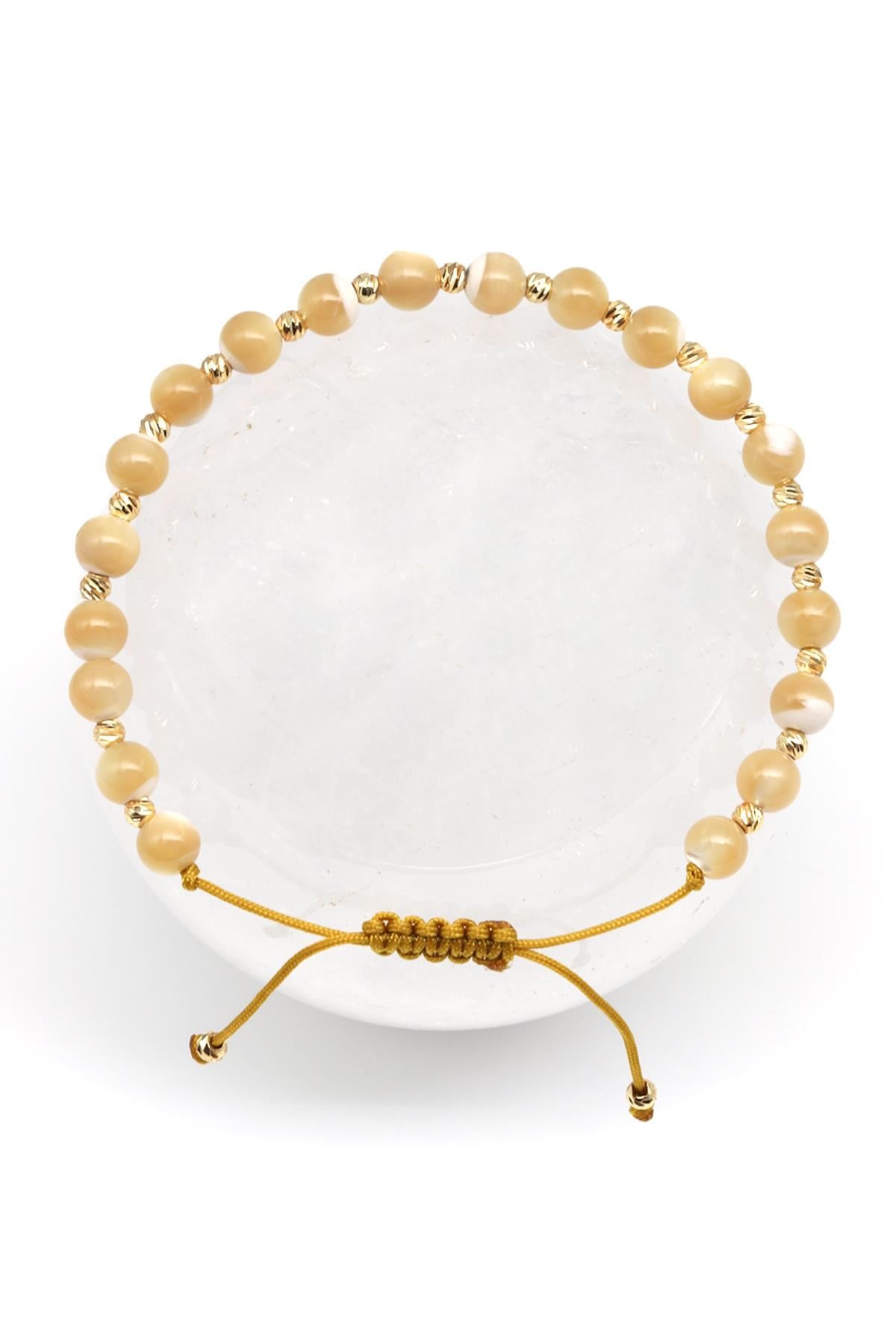 Sedef Doğal Taş Makrome Örme Bileklik Küre Kesim