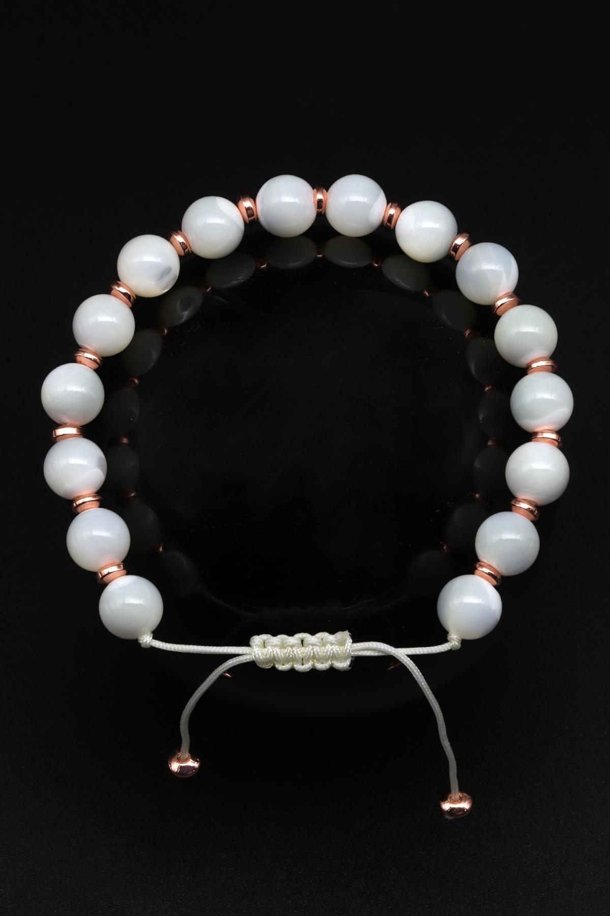 Sedef - Hematit Doğal Taş Makrome Örme Bileklik Küre Kesim