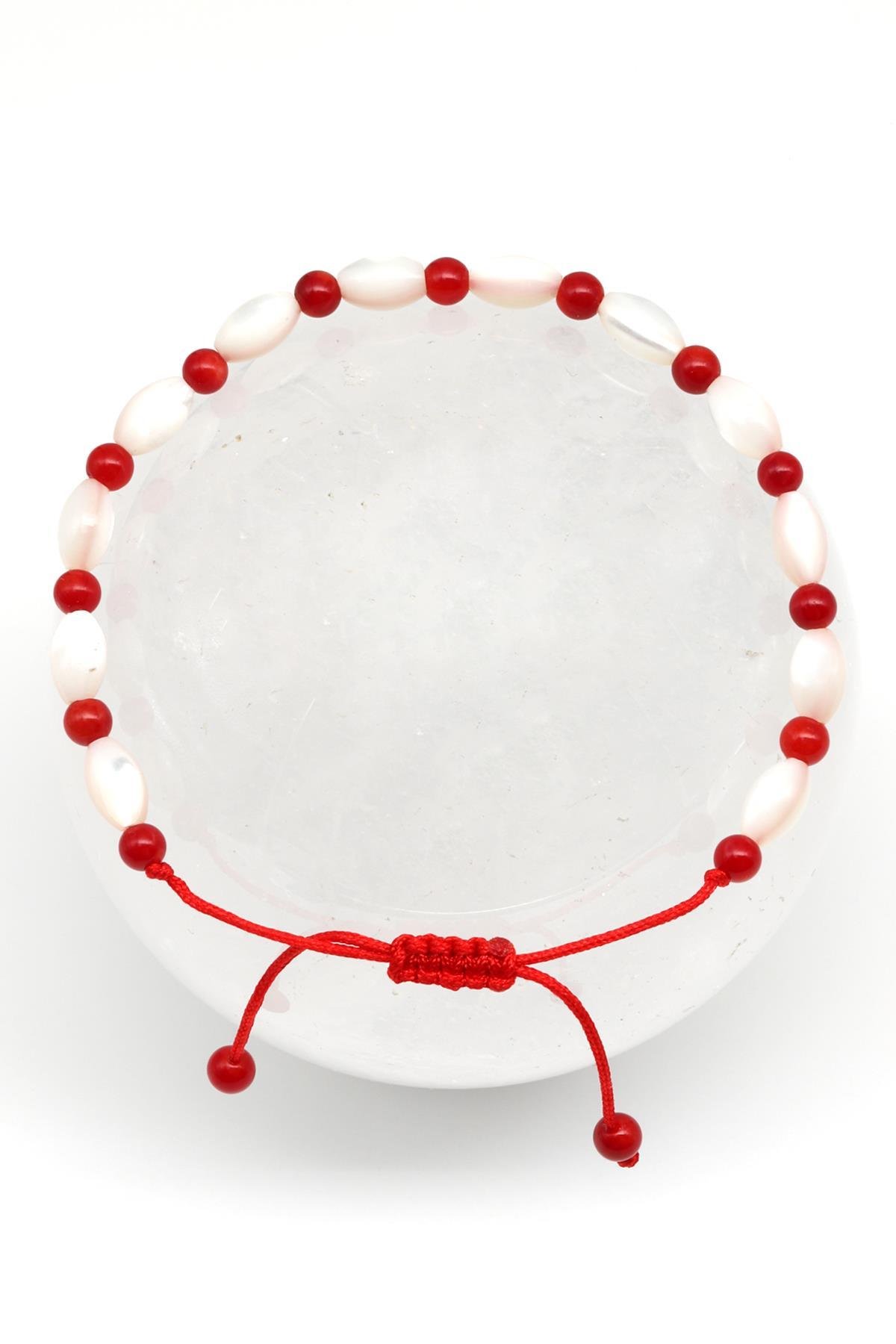 Sedef Mercan Doğal Taş Makrome Örme Bileklik Arpa Kesim