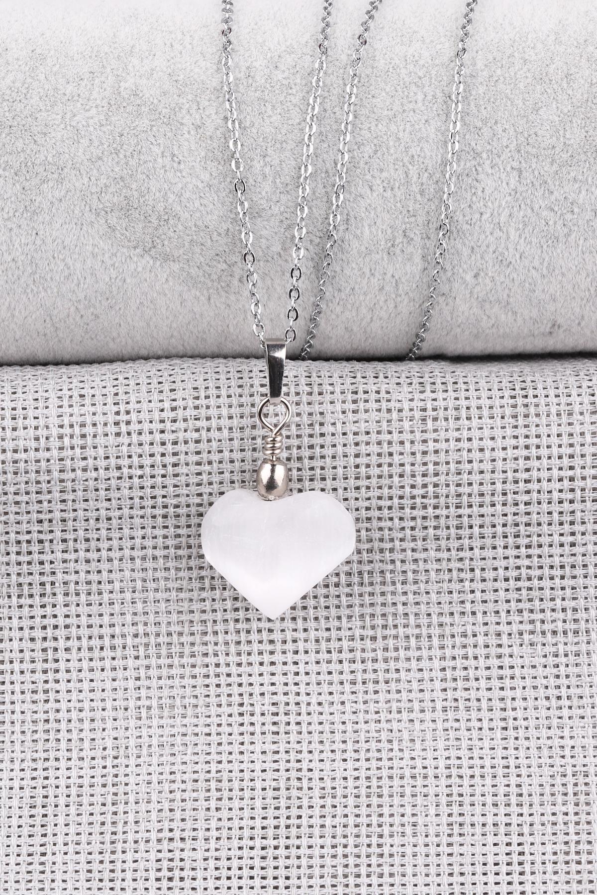 Selenit Doğal Taş Kalp Kolye