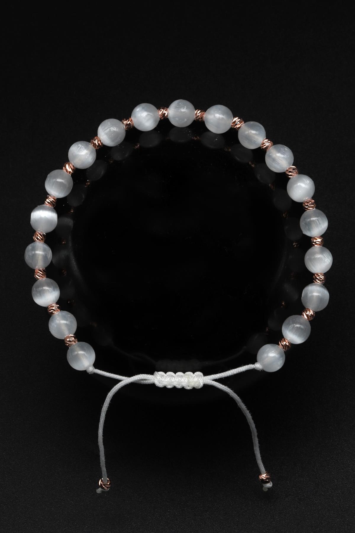 Selenit Doğal Taş Makrome Örme Bileklik Küre Kesim