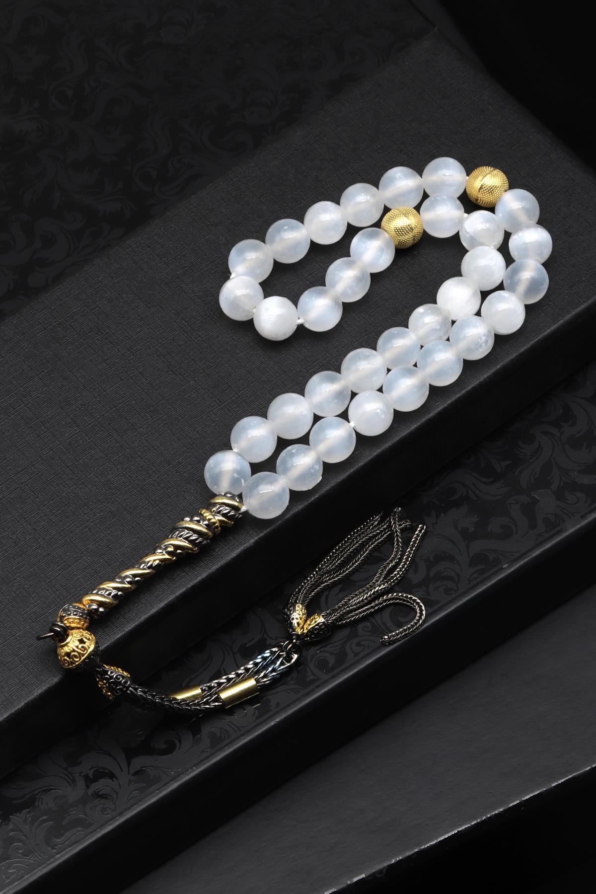 Selenit Doğal Taş Tesbih 925 Ayar Gümüş 8 mm Küre Kesim