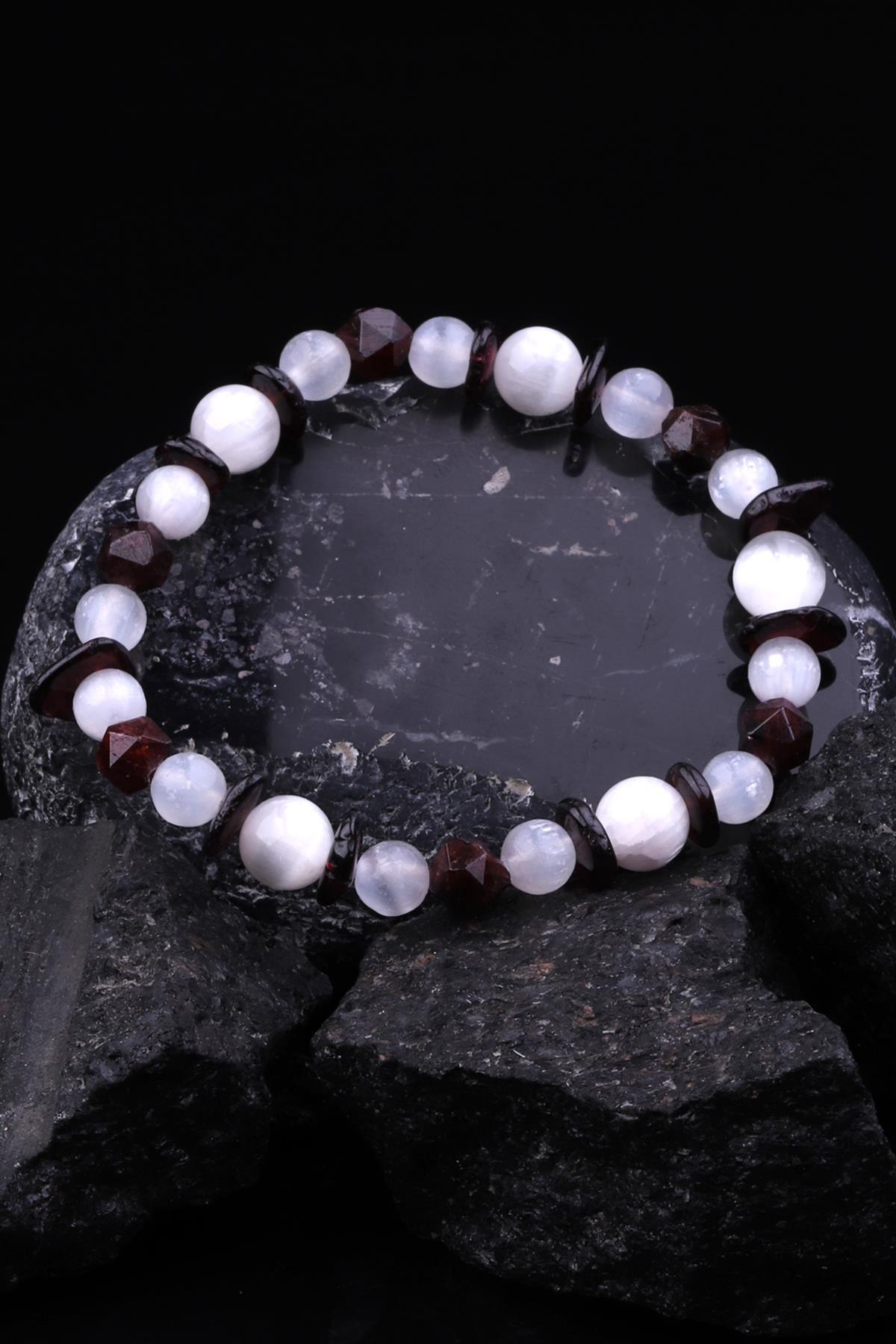 Selenit - Garnet-Lal Doğal Taş Tasarım Bileklik