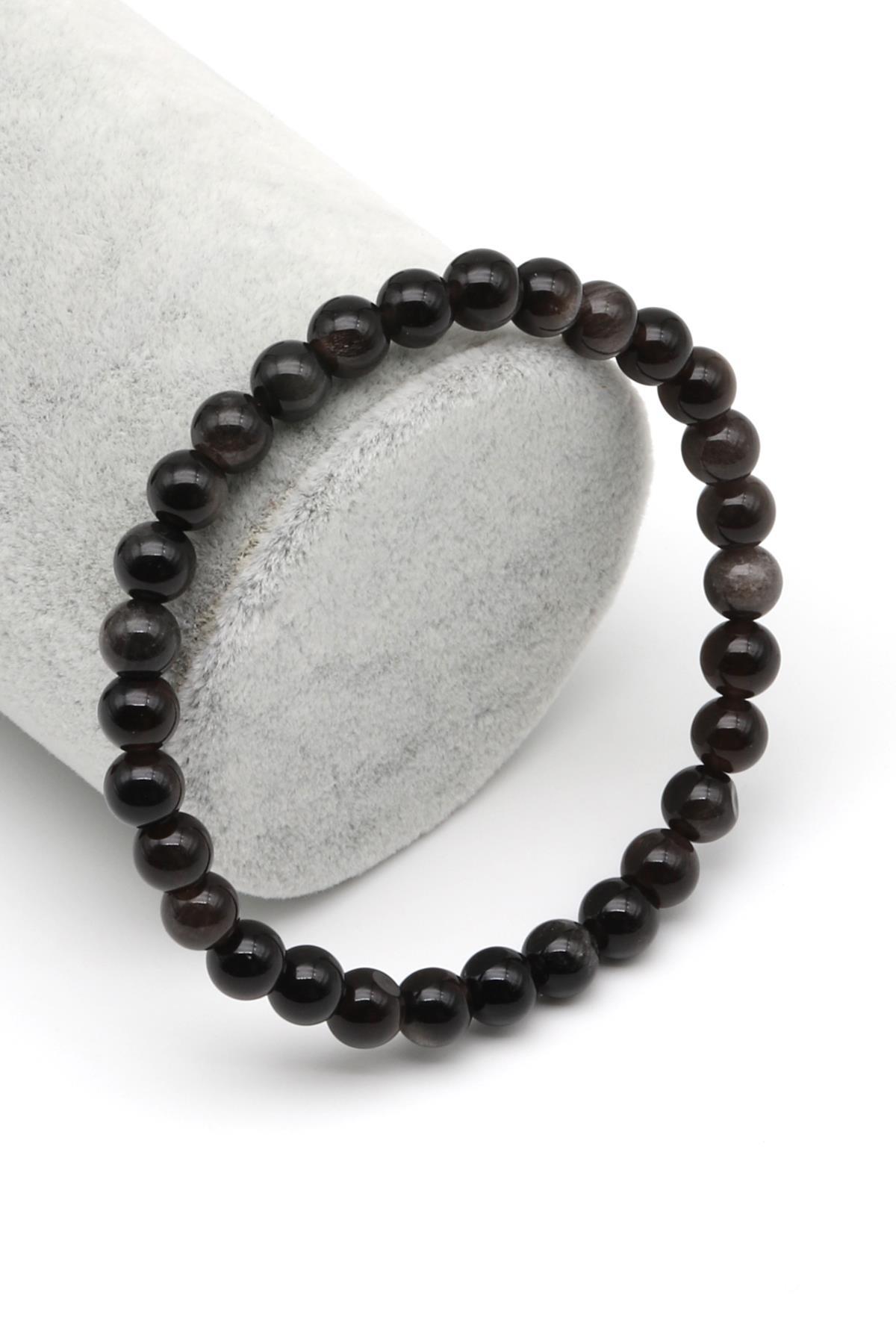 Silver Obsidyen Doğal Taş Bileklik 6 mm Küre Kesim