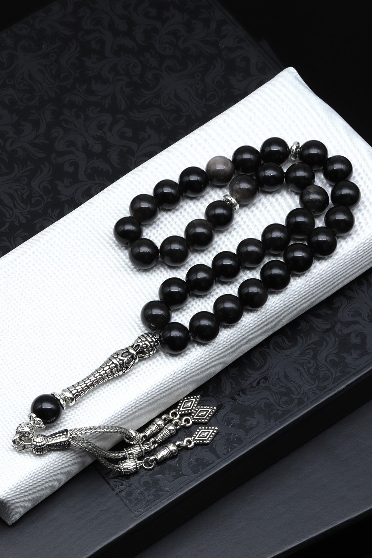 Silver Obsidyen Doğal Taş Tesbih 10 mm Küre Kesim TSB-0605